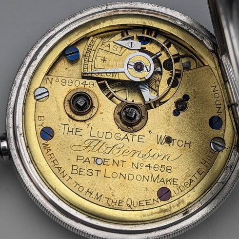 1898 British antique Benson LUDGATE silver side key winding pocket watch works well